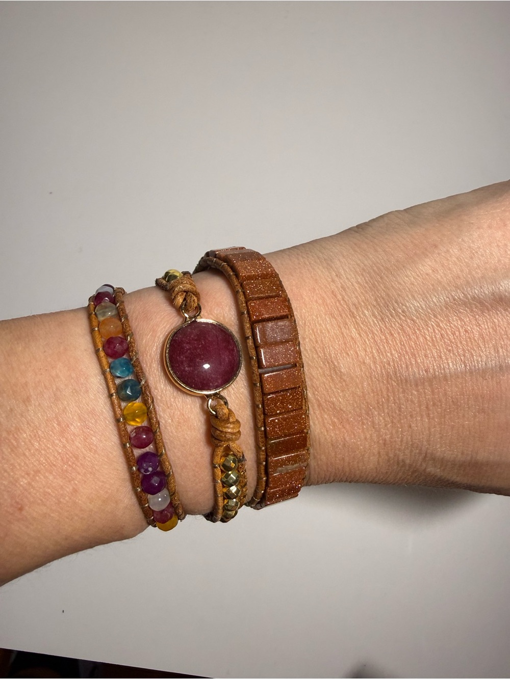 Cape Diablo Multicolor Beaded and Brown Leather Wrap Bracelet Set
